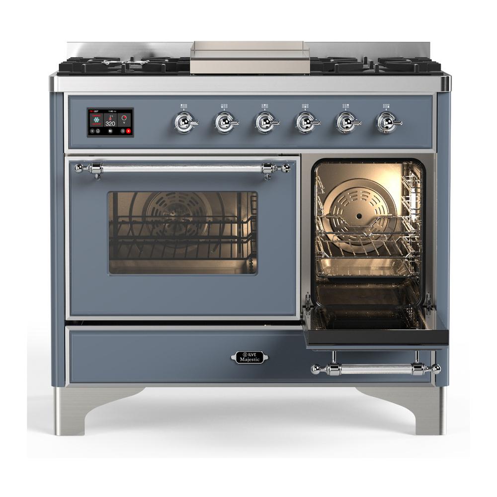 ILVE UMD40FNR3BGC Majestic III 40 inch Dual Fuel Range with 6 Burners and Griddle, Dual Function Burner up to 25,000 BTU (Natural Gas, Triple Glass Door, Blue Grey, Chrome)