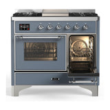 ILVE UMD40FNR3BGC Majestic III 40 inch Dual Fuel Range with 6 Burners and Griddle, Dual Function Burner up to 25,000 BTU (Natural Gas, Triple Glass Door, Blue Grey, Chrome)