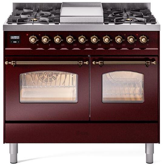 Nostalgie II 40 Inch Dual Fuel Natural Gas Freestanding Range in Burgundy with Bronze Trim