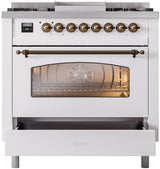 Nostalgie II 36 Inch Dual Fuel Natural Gas Freestanding Range in White with Bronze Trim