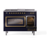 ILVE UN48FSNMPMBG Nostalgie II Noblesse 48 inch Dual Fuel Range (5 Sealed Burners + Griddle + French Top, Natural Gas, Triple Glass Door, Midnight Blue, Brass)