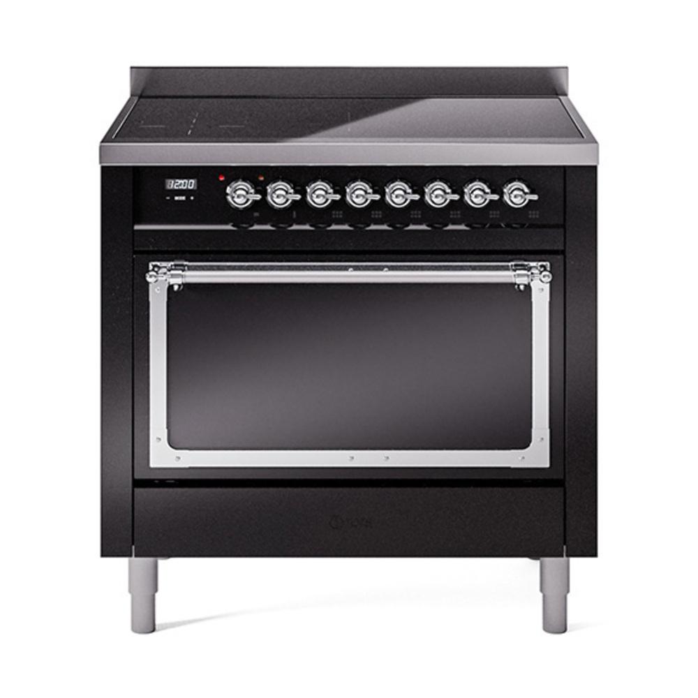 ILVE UNI366QNMPBKC Nostalgie II Noblesse 36 inch Induction Range (Solid Door, Glossy Black, Chrome)
