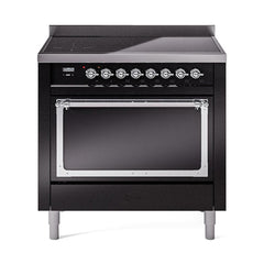 ILVE UNI366QNMPBKC Nostalgie II Noblesse 36 inch Induction Range (Solid Door, Glossy Black, Chrome)