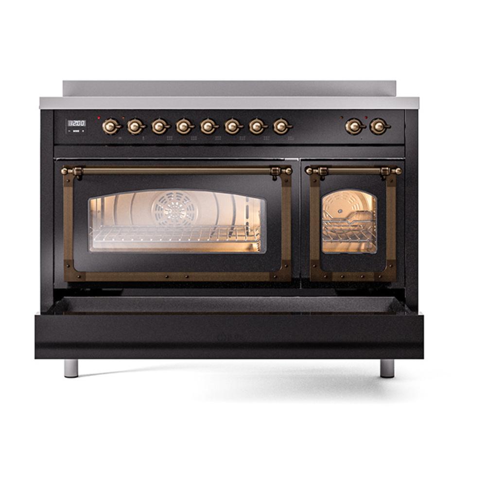 ILVE UNI486NMPBKB Nostalgie II Noblesse 48 inch Induction Range (Triple Glass Door, Glossy Black, Burnished)