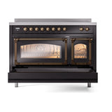 ILVE UNI486NMPBKB Nostalgie II Noblesse 48 inch Induction Range (Triple Glass Door, Glossy Black, Burnished)