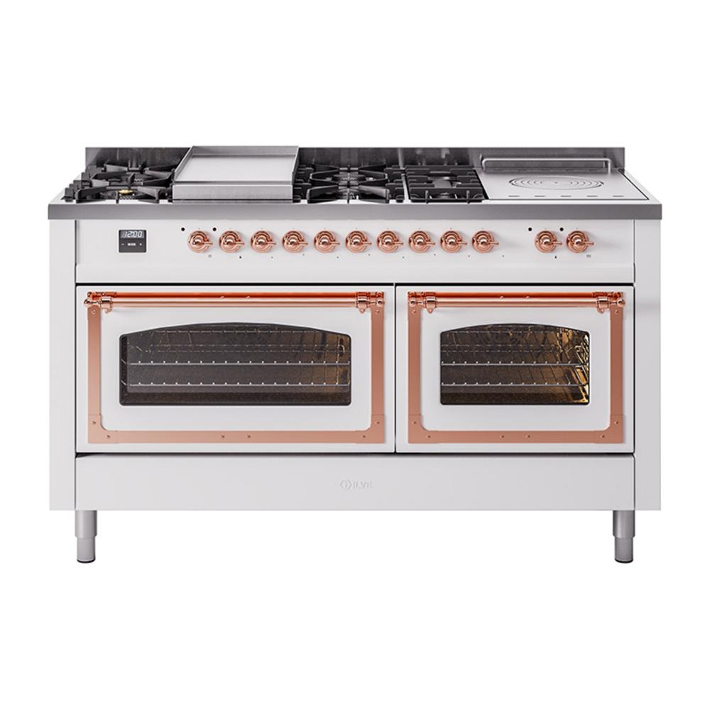 ILVE UN60FSNMPWHPLP Nostalgie II Noblesse 60 inch Dual Fuel Range (7 Sealed Burners + Griddle + French Top, Liquid Propane, Triple Glass Door, White, Copper)