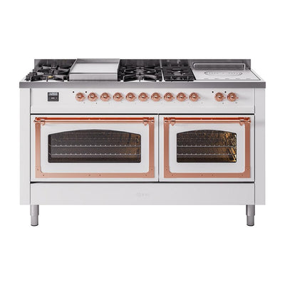 ILVE UN60FSNMPWHPLP Nostalgie II Noblesse 60 inch Dual Fuel Range (7 Sealed Burners + Griddle + French Top, Liquid Propane, Triple Glass Door, White, Copper)