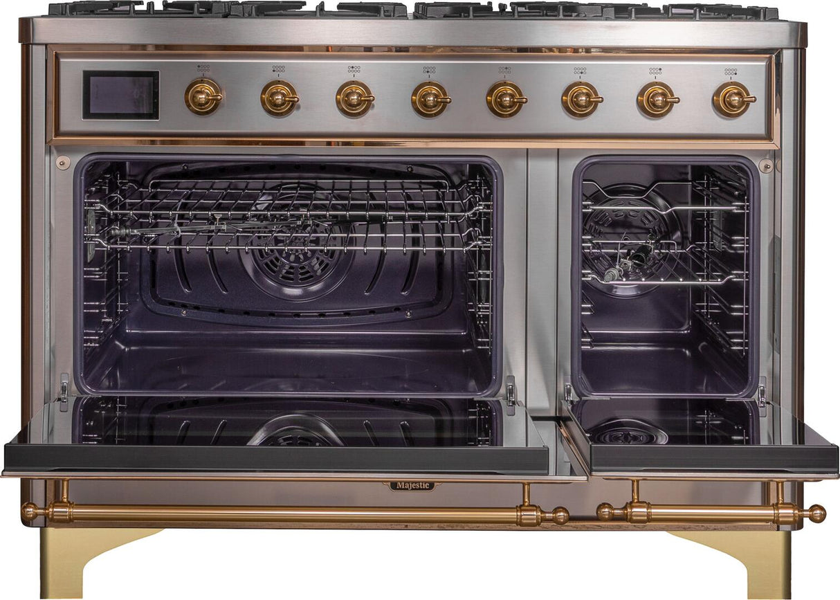 Majestic II 48 Inch Dual Fuel Liquid Propane Freestanding Range in Stainless Steel with Brass Trim