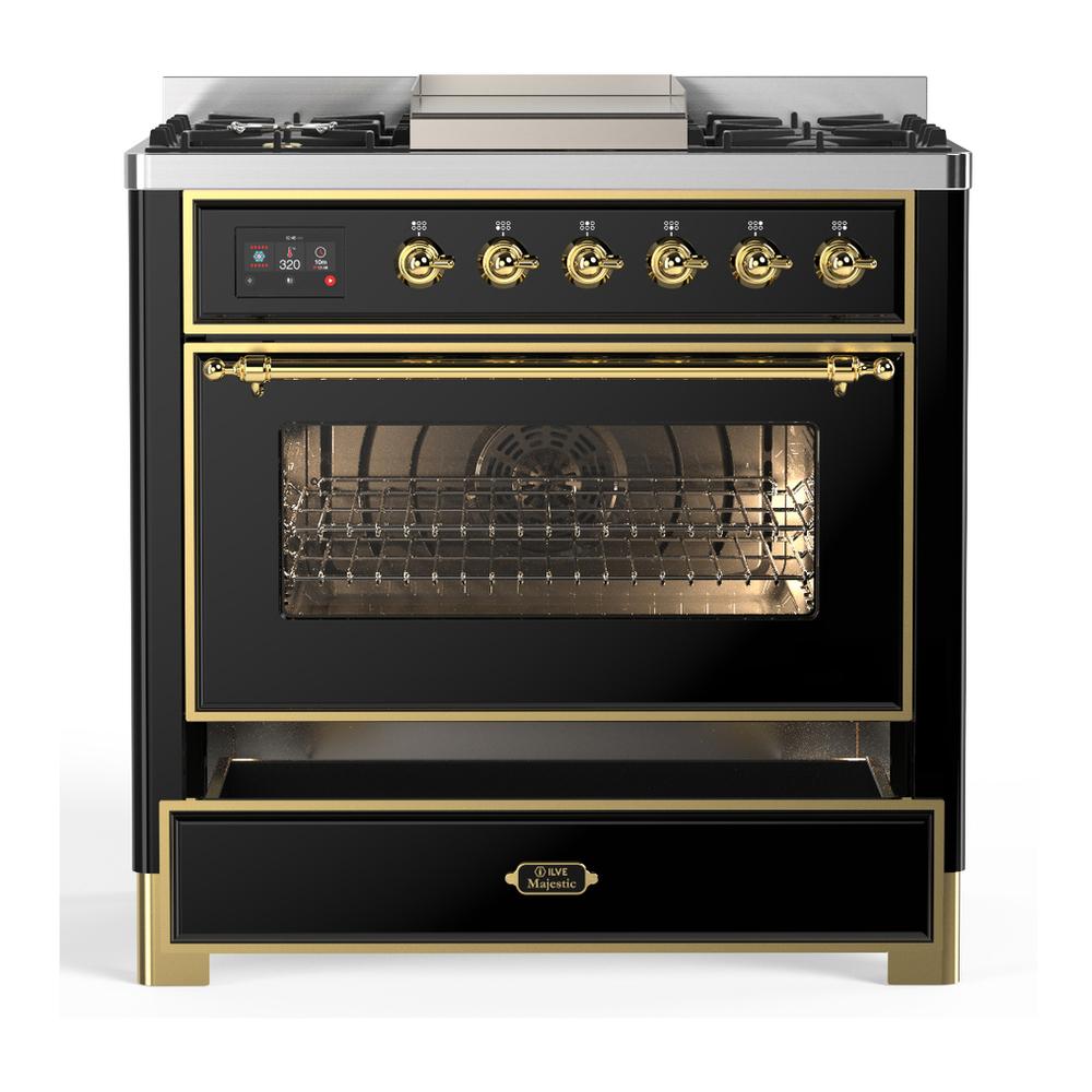 ILVE UM36FNR3BKG Majestic III 36 inch Dual Fuel Range with 6 Black Brass Burners and Griddle, Dual Function Burner up to 25,000 BTU (Triple Glass Door, Glossy Black, Brass, Natural Gas)