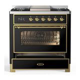 ILVE UM36FNR3BKG Majestic III 36 inch Dual Fuel Range with 6 Black Brass Burners and Griddle, Dual Function Burner up to 25,000 BTU (Triple Glass Door, Glossy Black, Brass, Natural Gas)