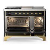 ILVE UM48FSQNR3BKGLP Majestic III 48 inch Dual Fuel Range with 5 Black Brass Burners, Griddle and French Top, Dual Function Burner up to 25,000 BTU (Liquid Propane, Solid Door, Glossy Black, Brass)