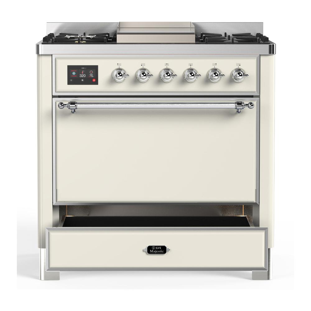 ILVE UM36FQNR3AWCLP Majestic III 36 inch Dual Fuel Range with 6 Black Brass Burners and Griddle, Dual Function Burner up to 25,000 BTU (Solid Door, Antique White, Chrome, Liquid Propane)