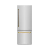 ZLINE Autograph Edition 30 in. 16.1 cu. ft. Built-In Bottom Freezer Refrigerator with Water Dispenser and Ice Maker in Stainless Steel with Graphite Gray Interior and Polished Gold Accents (GRBIVZ-304-30G)