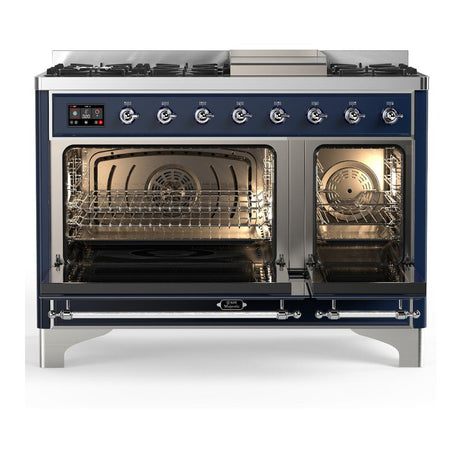 ILVE UM48FNR3MBC Majestic III 48 inch Dual Fuel Range with 8 Burners and Griddle, Dual Function Burner up to 25,000 BTU (Natural Gas, Triple Glass Door, Midnight Blue, Chrome)
