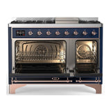 ILVE UM48FNR3MBPLP Majestic III 48 inch Dual Fuel Range with 8 Burners and Griddle, Dual Function Burner up to 25,000 BTU (Liquid Propane, Triple Glass Door, Midnight Blue, Copper)