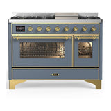 ILVE UM48FNR3BGGLP Majestic III 48 inch Dual Fuel Range with 8 Burners and Griddle, Dual Function Burner up to 25,000 BTU (Liquid Propane, Triple Glass Door, Blue Grey, Brass)