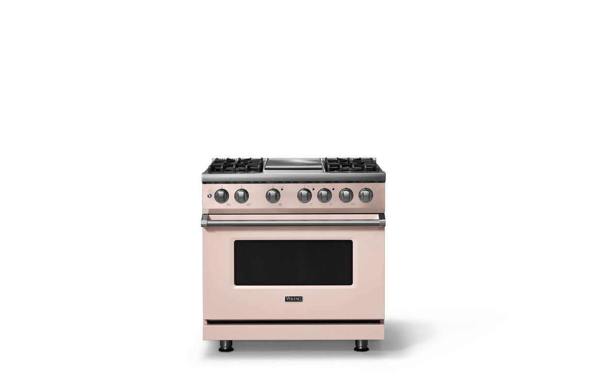 36"W. Dual Fuel Range (Burner: 4g, Finish: Blush, Trim: Polished Chrome, Fuel: Natural Gas)