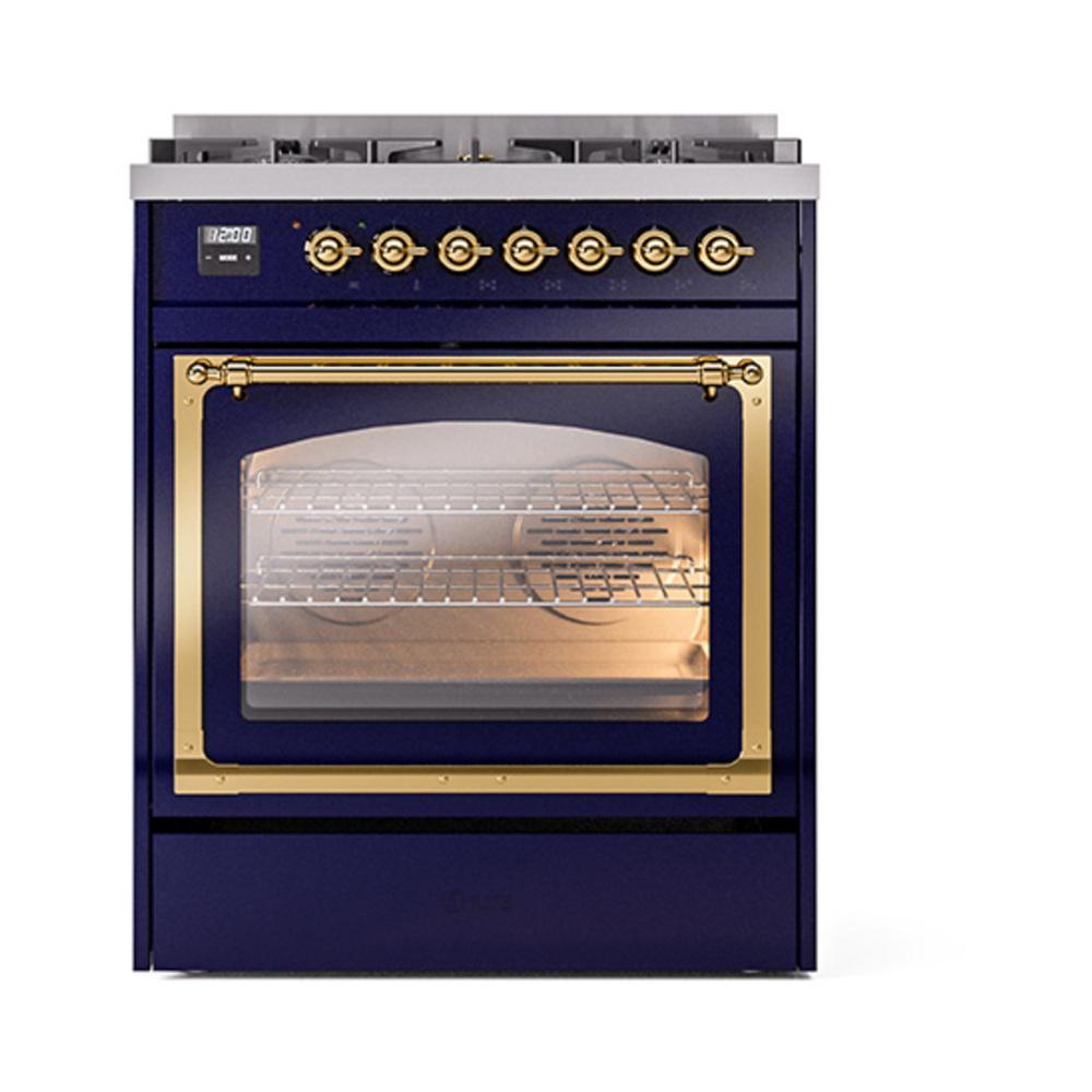 ILVE UN30NMPMBG Nostalgie II Noblesse 30 inch Dual Fuel Range (Natural Gas, Triple Glass Door, Midnight Blue, Brass)
