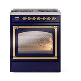 ILVE UN30NMPMBG Nostalgie II Noblesse 30 inch Dual Fuel Range (Natural Gas, Triple Glass Door, Midnight Blue, Brass)