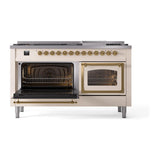 ILVE UN60FNMPAWG Nostalgie II Noblesse 60 inch Dual Fuel Range (9 Sealed Burners + Griddle, Natural Gas, Triple Glass Door, Antique White, Brass)