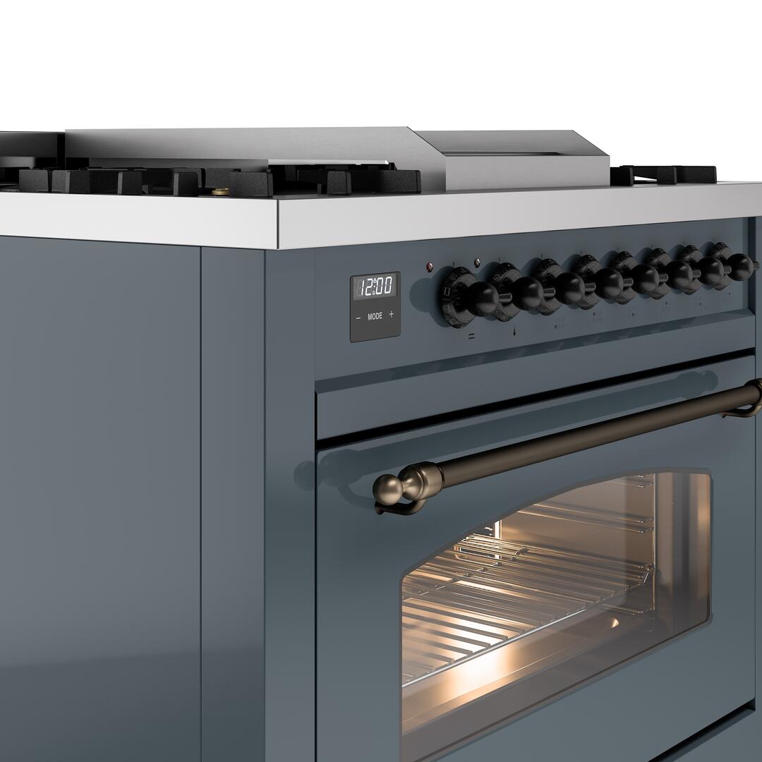 Nostalgie II 36 Inch Dual Fuel Natural Gas Freestanding Range in Blue Grey with Bronze Trim