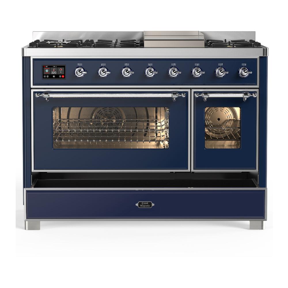 ILVE UM48FNR3MBC Majestic III 48 inch Dual Fuel Range with 8 Burners and Griddle, Dual Function Burner up to 25,000 BTU (Natural Gas, Triple Glass Door, Midnight Blue, Chrome)