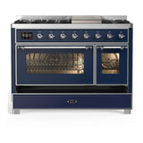 ILVE UM48FNR3MBC Majestic III 48 inch Dual Fuel Range with 8 Burners and Griddle, Dual Function Burner up to 25,000 BTU (Natural Gas, Triple Glass Door, Midnight Blue, Chrome)