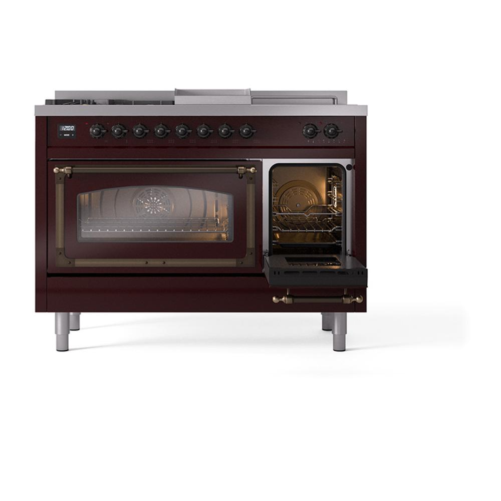 ILVE UN48FSNMPBUBLP Nostalgie II Noblesse 48 inch Dual Fuel Range (5 Sealed Burners + Griddle + French Top, Liquid Propane, Triple Glass Door, Burgundy, Burnished)