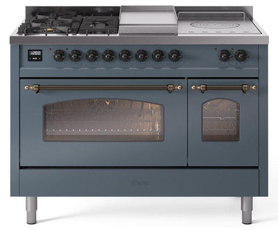 Nostalgie II 48 Inch Dual Fuel Liquid Propane Freestanding Range in Blue Grey with Bronze Trim