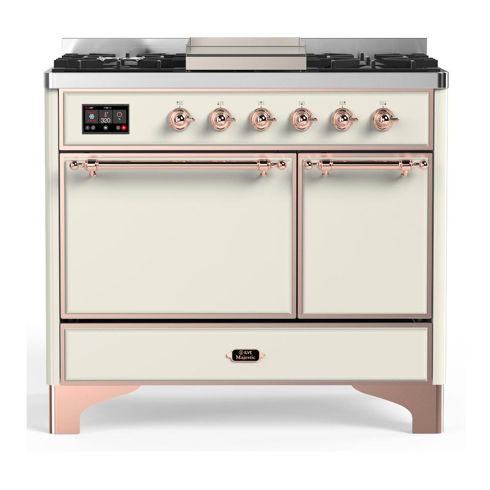 ILVE UMD40FQNR3AWPLP Majestic III 40 inch Dual Fuel Range with 6 Burners and Griddle, Dual Function Burner up to 25,000 BTU (Liquid Propane, Solid Door, Antique White, Copper)