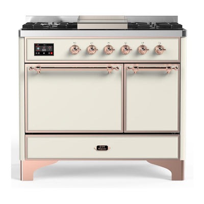 ILVE UMD40FQNR3AWPLP Majestic III 40 inch Dual Fuel Range with 6 Burners and Griddle, Dual Function Burner up to 25,000 BTU (Liquid Propane, Solid Door, Antique White, Copper)