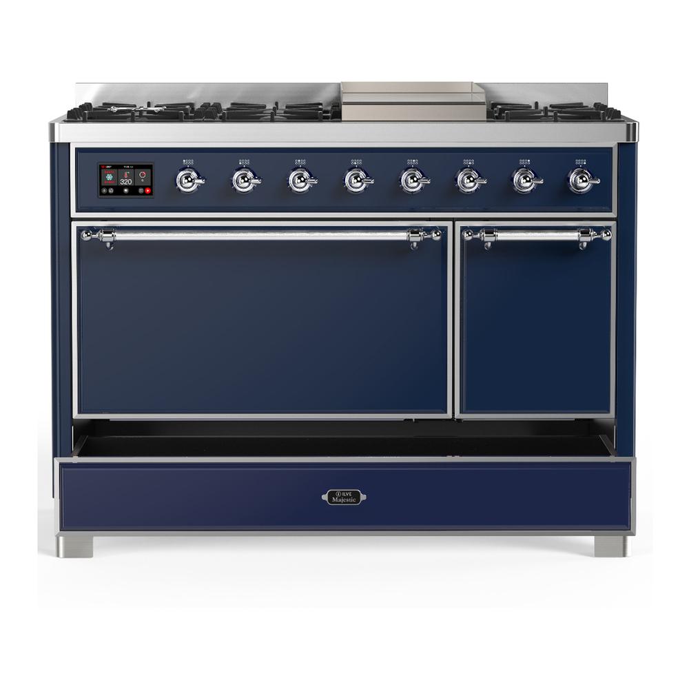 ILVE UM48FQNR3MBC Majestic III 48 inch Dual Fuel Range with 8 Burners and Griddle, Dual Function Burner up to 25,000 BTU (Natural Gas, Solid Door, Midnight Blue, Chrome)