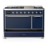 ILVE UM48FQNR3MBC Majestic III 48 inch Dual Fuel Range with 8 Burners and Griddle, Dual Function Burner up to 25,000 BTU (Natural Gas, Solid Door, Midnight Blue, Chrome)
