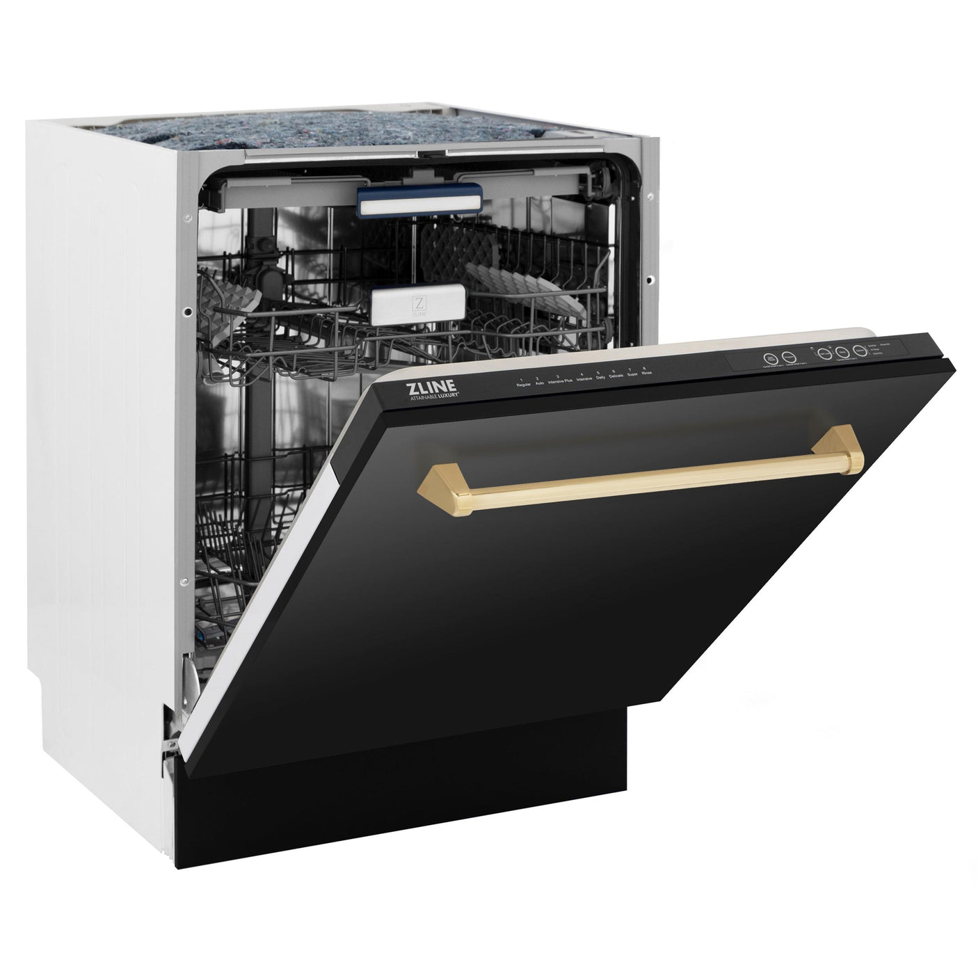 ZLINE Autograph Edition 24" 3rd Rack Top Control Tall Tub Dishwasher in Black Stainless Steel with Accent Handle, 51dBa (DWVZ-BS-24) [Color: Gold]