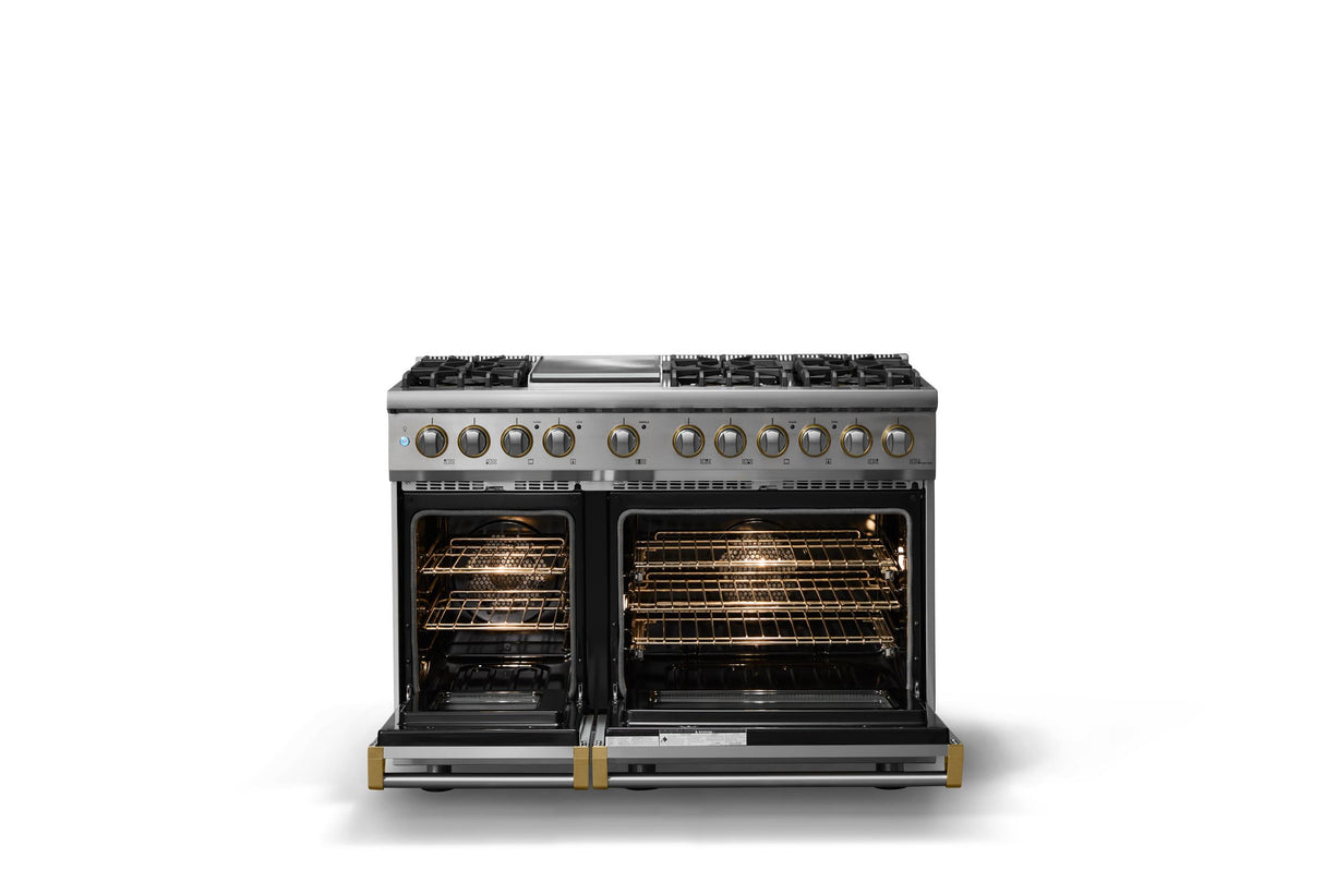 48"W. Dual Fuel Range (Burner: 6g, Finish: Stainless Steel, Trim: Polished Chrome, Fuel: Propane)