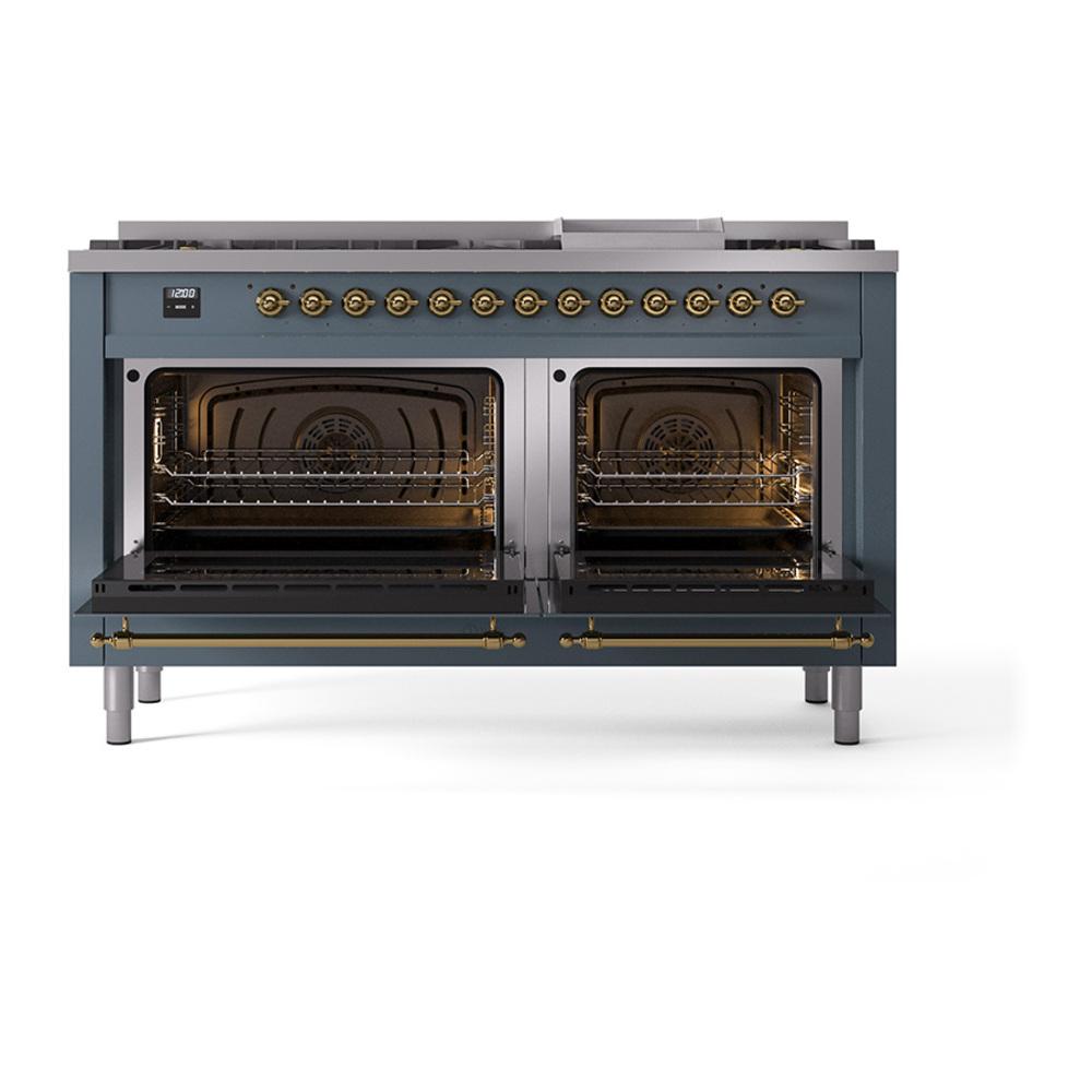 ILVE UN60FQNMPBGG Nostalgie II Noblesse 60 inch Dual Fuel Range (9 Sealed Burners + Griddle, Natural Gas, Solid Door, Blue Grey, Brass)