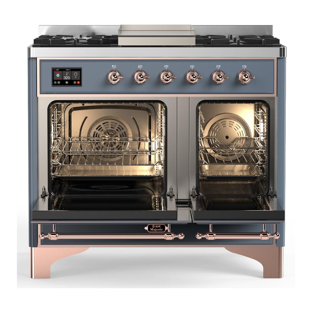 ILVE UMD40FNR3BGP Majestic III 40 inch Dual Fuel Range with 6 Burners and Griddle, Dual Function Burner up to 25,000 BTU (Natural Gas, Triple Glass Door, Blue Grey, Copper)