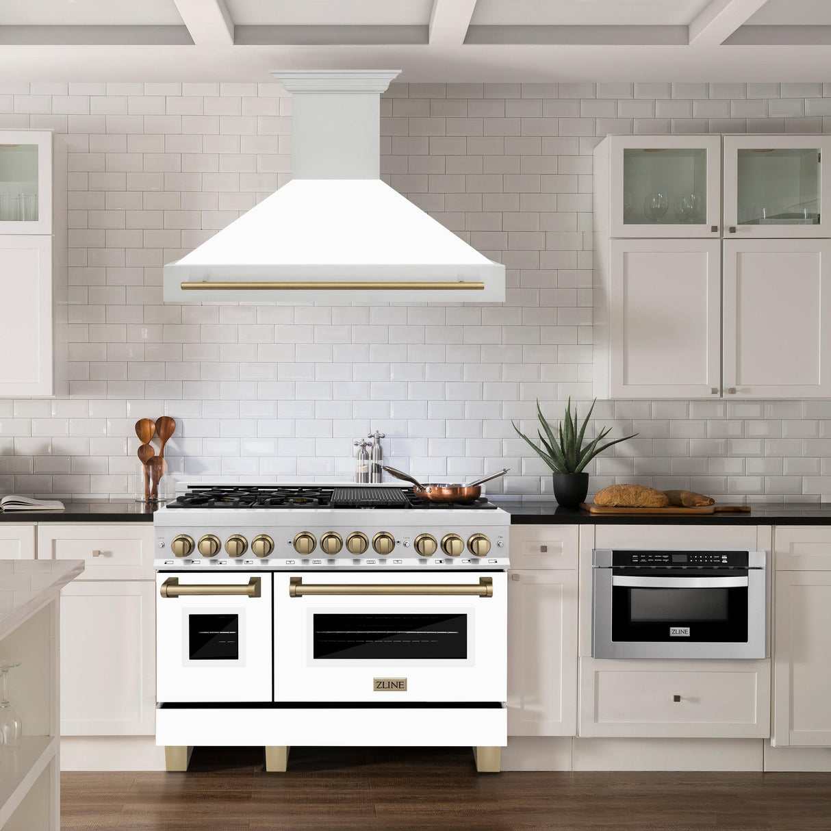 ZLINE 48 in. Autograph Edition Stainless Steel Range Hood with White Matte Shell and Handle (8654STZ-WM48) [Color: Champagne Bronze]