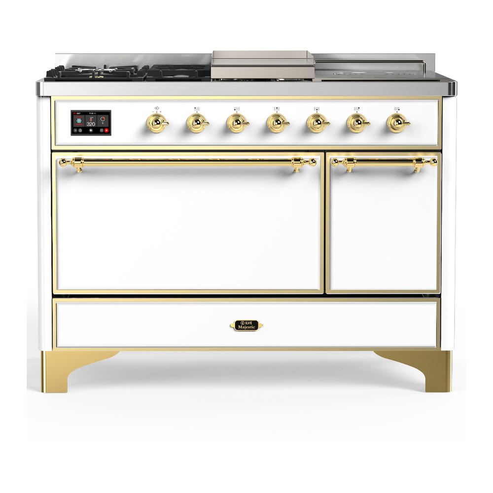 ILVE UM48FSQNR3WHGLP Majestic III 48 inch Dual Fuel Range with 5 Black Brass Burners, Griddle and French Top, Dual Function Burner up to 25,000 BTU (Liquid Propane, Solid Door, White, Brass)