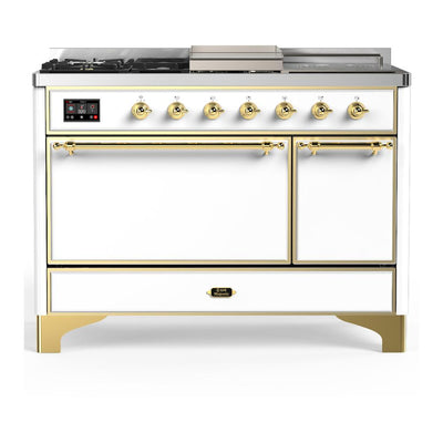 ILVE UM48FSQNR3WHGLP Majestic III 48 inch Dual Fuel Range with 5 Black Brass Burners, Griddle and French Top, Dual Function Burner up to 25,000 BTU (Liquid Propane, Solid Door, White, Brass)