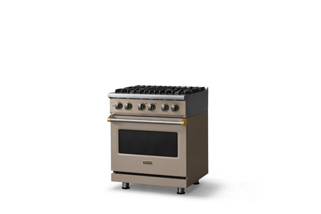 30"W. Dual Fuel Range (Finish: Nantucket, Trim: Brushed Brass, Fuel: Natural Gas)