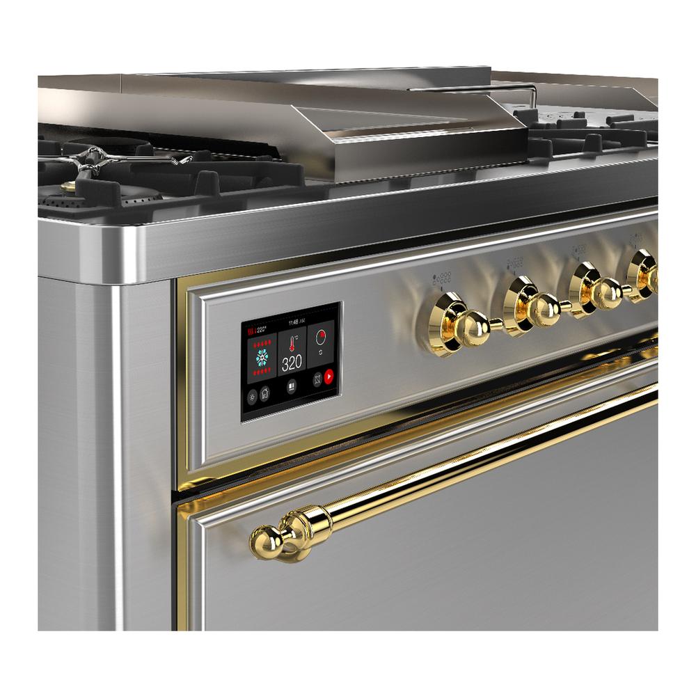 ILVE UM60FSQNR3SSGLP Majestic III 60 inch Dual Fuel Range with 7 Burners, Griddle and French Top, Dual Function Burner with up to 25,000 BTU (Liquid Propane, Solid Door, Stainless Steel, Brass)