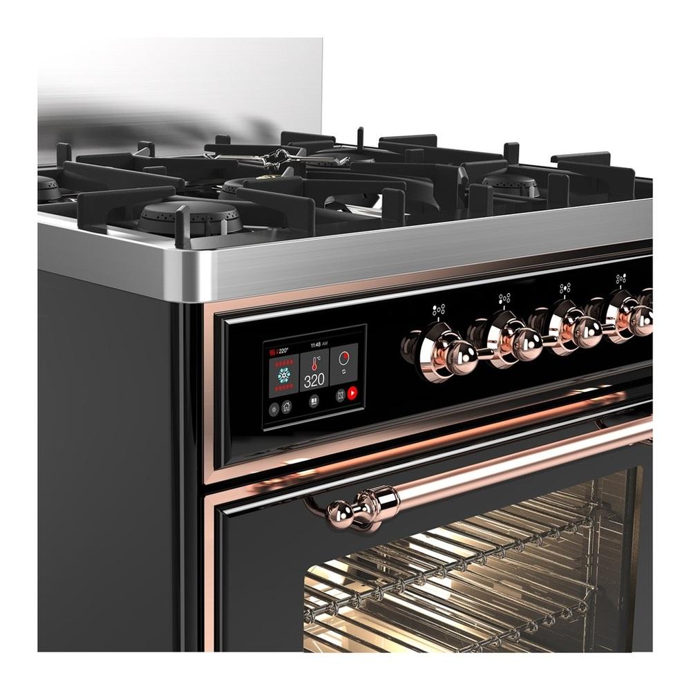 ILVE UM30NR3BKP Majestic III 30 inch Dual Fuel Range with 5 Black Brass Burners, Dual Function Burner up to 25,000 BTU (Natural Gas, Triple Glass Door, Glossy Black, Copper)