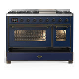 ILVE UM48FNR3MBBLP Majestic III 48 inch Dual Fuel Range with 8 Burners and Griddle, Dual Function Burner up to 25,000 BTU (Liquid Propane, Triple Glass Door, Midnight Blue, Burnished)
