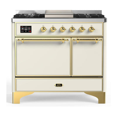 ILVE UMD40FQNR3AWGLP Majestic III 40 inch Dual Fuel Range with 6 Burners and Griddle, Dual Function Burner up to 25,000 BTU (Liquid Propane, Solid Door, Antique White, Brass)