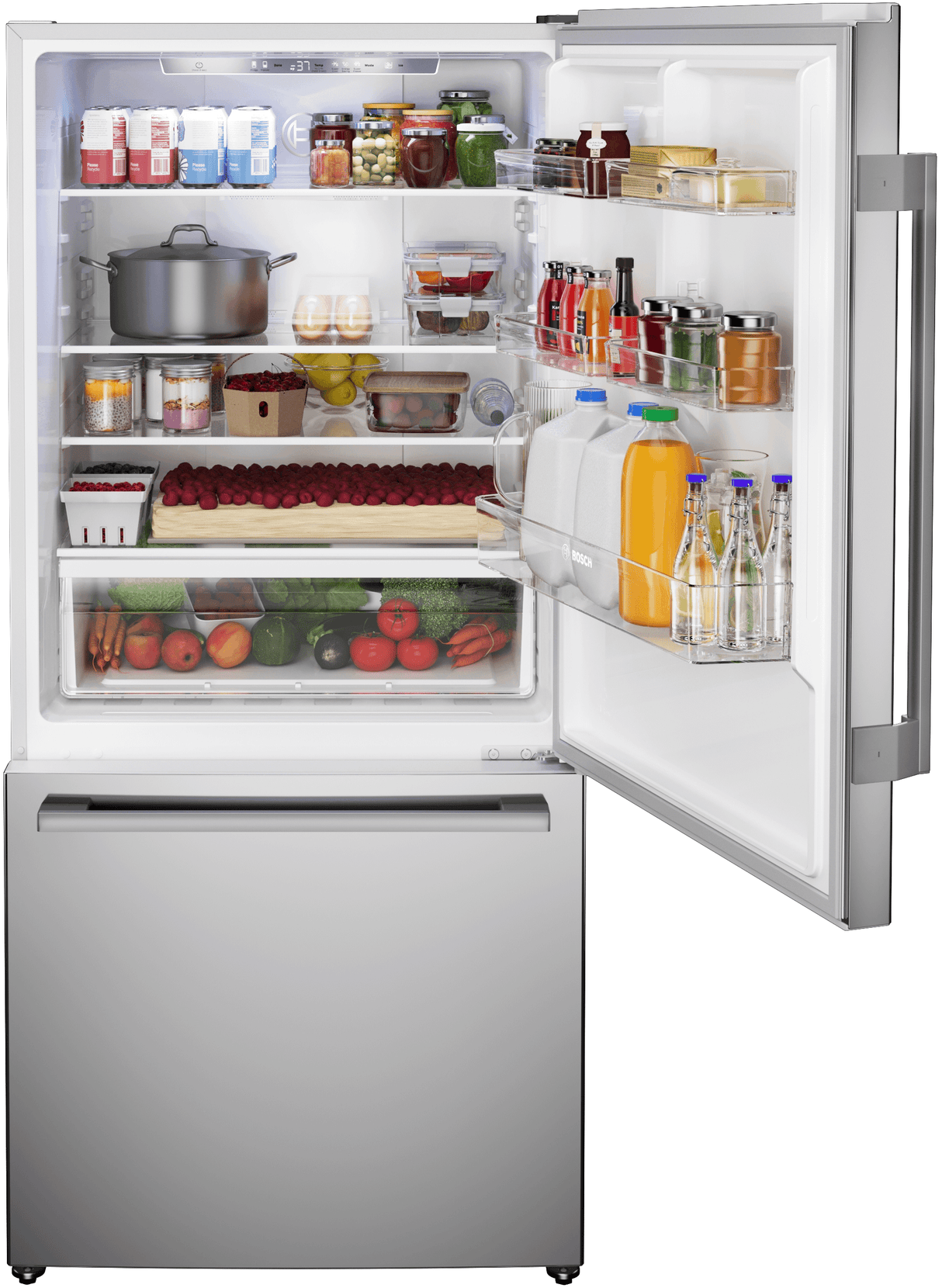 100 Series, free-standing fridge-freezer with freezer at bottom, Brushed steel (with anti-fingerprint), Total No Frost
