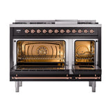 ILVE UN48FNMPBKP Nostalgie II Noblesse 48 inch Dual Fuel Range (8 Sealed Burners + Griddle, Natural Gas, Triple Glass Door, Glossy Black, Copper)