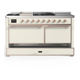 ILVE UM60FSQNR3AWPLP Majestic III 60 inch Dual Fuel Range with 7 Burners, Griddle and French Top, Dual Function Burner with up to 25,000 BTU (Liquid Propane, Solid Door, Antique White, Copper)
