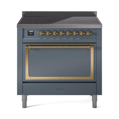 ILVE UNI366QNMPBGG Nostalgie II Noblesse 36 inch Induction Range (Solid Door, Blue Grey, Brass)