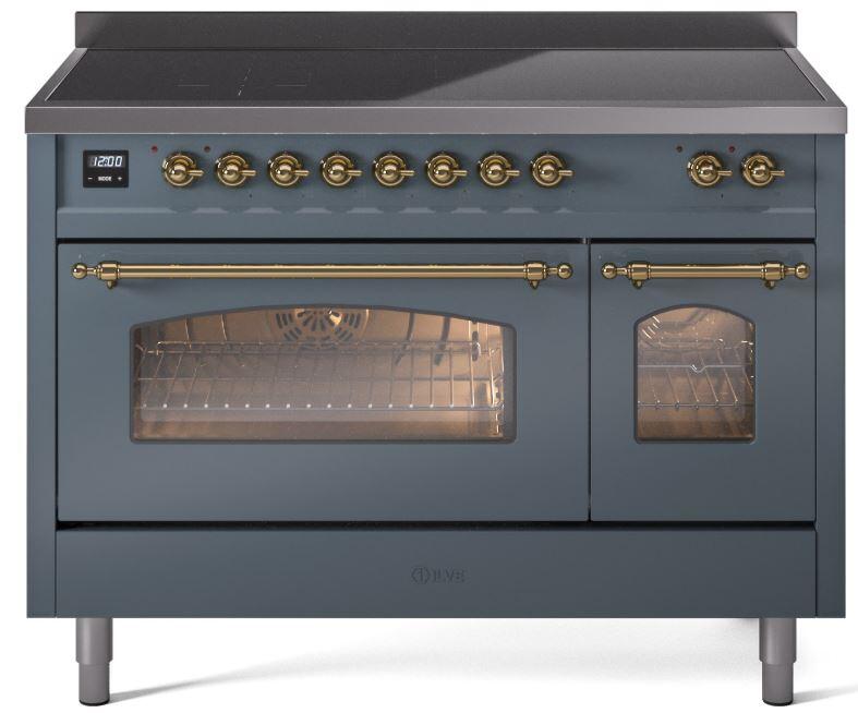 Nostalgie II 48 Inch Electric Freestanding Range in Blue Grey with Brass Trim